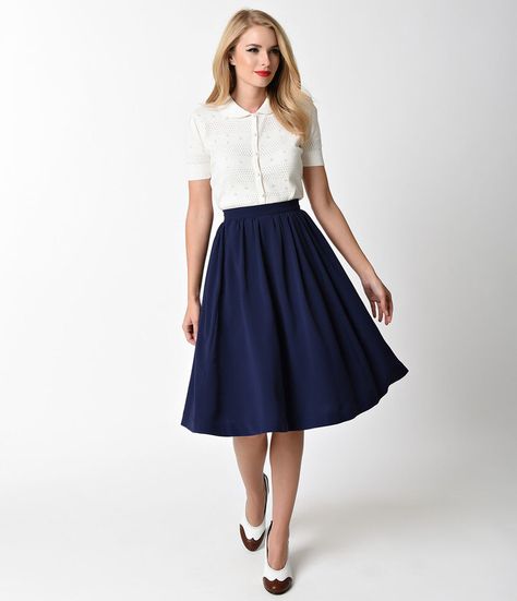 Vintage Style Navy Blue High Waist Full Circle Swing Skirt Navy Skirt Outfit, White Circle Skirt, Teaching Clothes, Blue Skirt Outfits, A Line Skirt Outfits, Dapper Day Outfits, The 50s Fashion, Fam Pics, Adorable Clothes