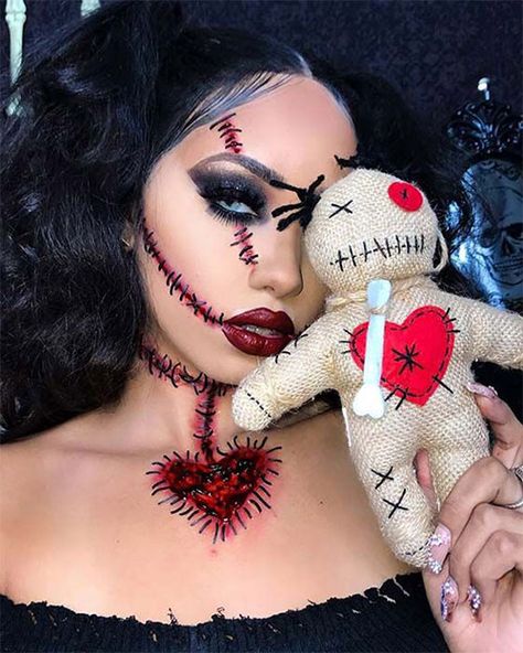 18 Very Scary Voodoo Doll Halloween Makeup Looks, Styles & Ideas 2019 - Idea Halloween Voodoo Doll Makeup, Doll Halloween Makeup, Unique Halloween Makeup, Skull Makeup Tutorial, Makeup Looks To Try, Meme Costume, Halloween Make-up Looks, Creepy Halloween Makeup, Cute Halloween Makeup