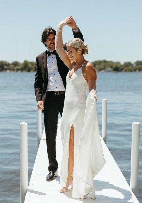 Wedding Pictures On Dock, Dock Wedding Photos, Lake Wedding Pictures, Summer Lake Wedding, Dockside Wedding, Photography Prompts, Warsaw Indiana, Dock Wedding, Lake Wedding Photos