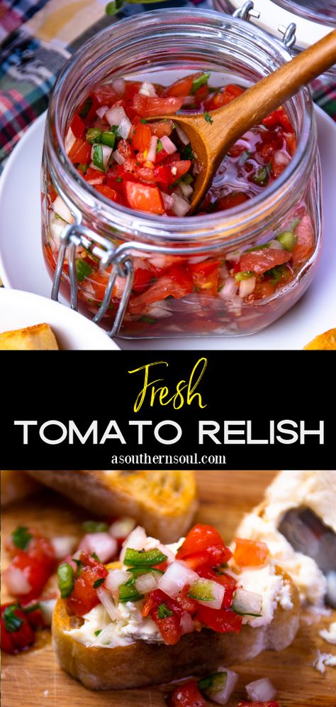 Fresh Tomato Relish Crunchy Bread, Fresh Tomato Recipes, Salsa Fresca, Savory Foods, Tomato Relish, Relish Recipes, Onion Relish, Comfort Food Southern, Indian Bread