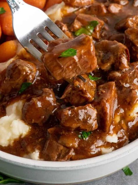 Crock Pot Beef Tips and Gravy Recipe - Slow Cooker Meals Beef Tips In Crock Pot, Crock Pot Stew Meat Recipes, Crock Pot Beef Tips, Beef Tip Recipes, Crock Pot Beef, Beef Tips And Gravy, Slow Cooker Meals, Slow Cooker Recipes Beef, Stew Meat Recipes