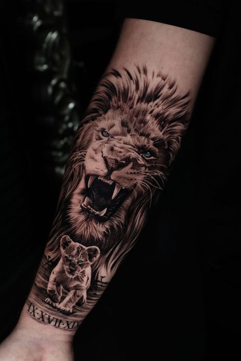 #tattoo#tattooart#tattooing#tattooartist#tattoodesign# Lion Tattoo Half Sleeve, Lion Leg Tattoo, Tattoo Lions, Lions Tattoo, Lion Arm Tattoo, Lion Forearm Tattoos, Tattoo Homme, Lion Art Tattoo, Lion King Tattoo