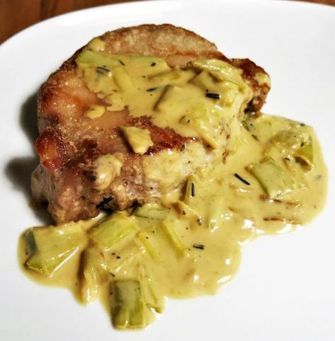 Leek and White Wine-Mustard Cream Sauce | Goddess Cooks Leeks In White Sauce, Sauce For Pork Chops, Sauce For Pork, Pork Chop Sauce, White Wine Cream Sauce, Mustard Cream Sauce, Mustard Pork Chops, Leek Recipes, Pork Sauce