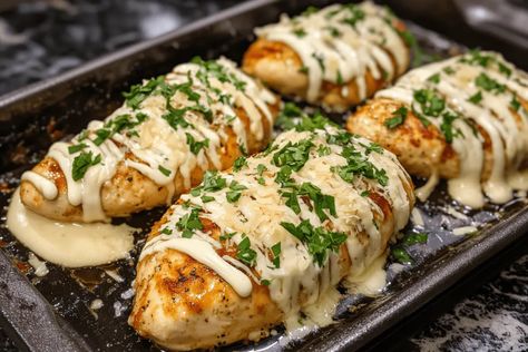 Baked Caesar Chicken, Greek Marinated Chicken, Caesar Chicken, Chicken Rice Recipes, Creamy Parmesan Sauce, Creamy Parmesan, Parmesan Sauce, Caesar Dressing, Health Dinner Recipes