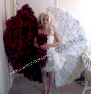 Homemade Half Devil Half Angel Costume: This Homemade Half Devil Half Angel Costume was a very hard costume to make. I sewed on it for days and days, and had to breathe in tons of red and white Half Devil Half Angel Costume, Angel Devil Costume, Half Angel Half Devil, Angel And Devil Costume, Celebrity Costumes, Witch Costumes, Devil Costume, Angel Devil, Vintage Halloween Costume