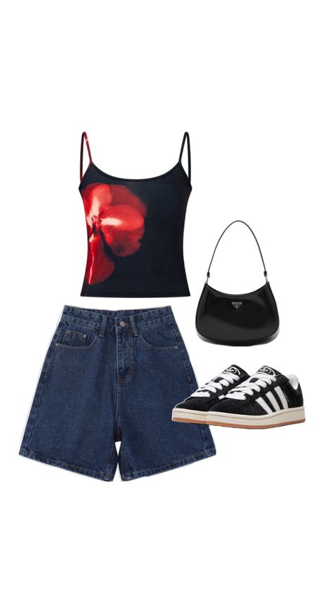 chill outfit for womens, prada, campus, tank top jorts Cute Tank Top Outfits, Jorts Outfit, Chill Outfit, Chicago Outfit, Campus Outfit, Clothing Guide, Outfit Inspo Casual, Chill Outfits, Really Cute Outfits