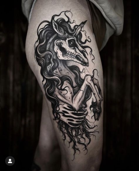 Horse Skull Tattoo With Flowers, Gothic Dinosaur Tattoo, Dark Pegasus Tattoo, Goth Unicorn Tattoo, Gothic Fox Tattoo, Gothic Horse Tattoo, Horse Hip Tattoo, Black And Grey Animal Tattoos, Gothic Unicorn Tattoo