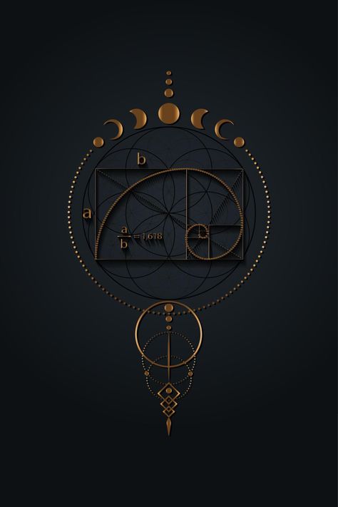 Golden ratio, Fibonacci Sequence number, mystical flower of life and Moon Phases, Sacred geometry. Gold divine proportion wicca banner, energy circles, boho style vector isolated on black background Golden Ratio Wallpaper, Sacred Geometry Art Mandalas, Golden Ratio Tattoo, Fibonacci Art, Fibonacci Number, Fibonacci Tattoo, Energy Circles, Spring Wallpaper Iphone, Divine Proportion