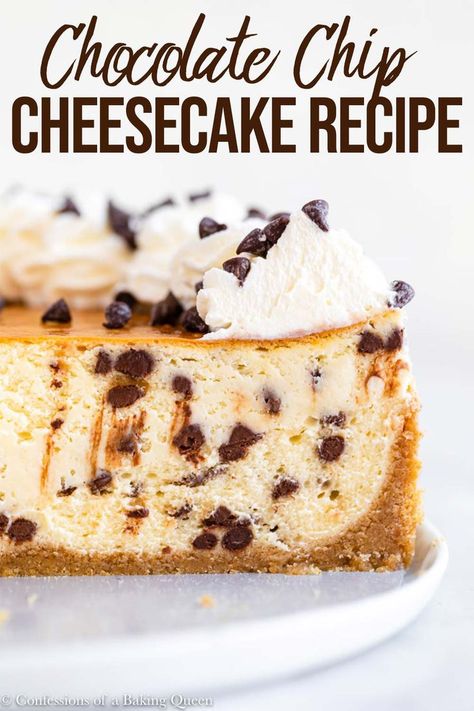 This easy recipe for Chocolate Chip Cheesecake will be your new favorite dessert recipe! A graham cracker crust has a luscious cheesecake filling loaded with mini chocolate chips, then topped with fresh whipped cream and more chocolate chips! Heaven in a bite! Step-by-step photos and a video help you conquer this cheesecake recipe!   #cheesecake #dessert #recipe #cheesecakerecipe #chocolate #chocolatechips #chocolatechipcheesecake Chocolate Chip Cheesecake, Cheesecake Filling, Cracker Crust, Favorite Dessert Recipes, Favorite Dessert, Graham Cracker Crust, Chocolate Cheesecake, Graham Cracker, Savoury Cake