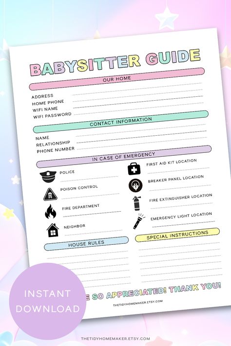 This printable babysitter guide covers all the basic needs for your sitter. From your contact information, emergency contact information, house rules, and other babysitter instructions you might want to include. Babysitter Printable Free, Babysitter Aesthetic, Babysitting Binder For Babysitter, Babysitter Binder, Babysitter Info Sheet, Babysitter Printable, Babysitter Guide, Babysitter Notes, Hospital Checklist