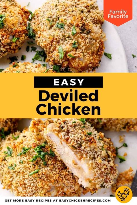 Deviled Chicken Recipes, Chicken Thigh Recipes Comfort Food, Deviled Chicken, Breaded Chicken Thighs, Spicy Baked Chicken, Southern Comfort Food, Spicy Chicken Recipes, Easy Chicken Thigh Recipes, Chicken Appetizers