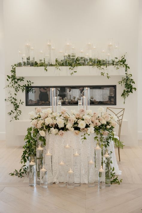 Sweetheart Table Candles, Blush Spray Rose, Sweatheart Table, Bridal Table Flowers, White Delphinium, Sweetheart Table Flowers, Ranunculus White, Floral Cascade, Head Table Backdrop