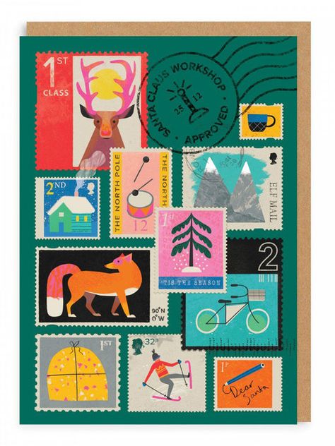 Natasha Durley, Colorful Art Prints, Colourful Art, Post Stamp, Christmas Stamps, Card Illustration, Fancy Pants, Christmas Illustration, Stamp Design