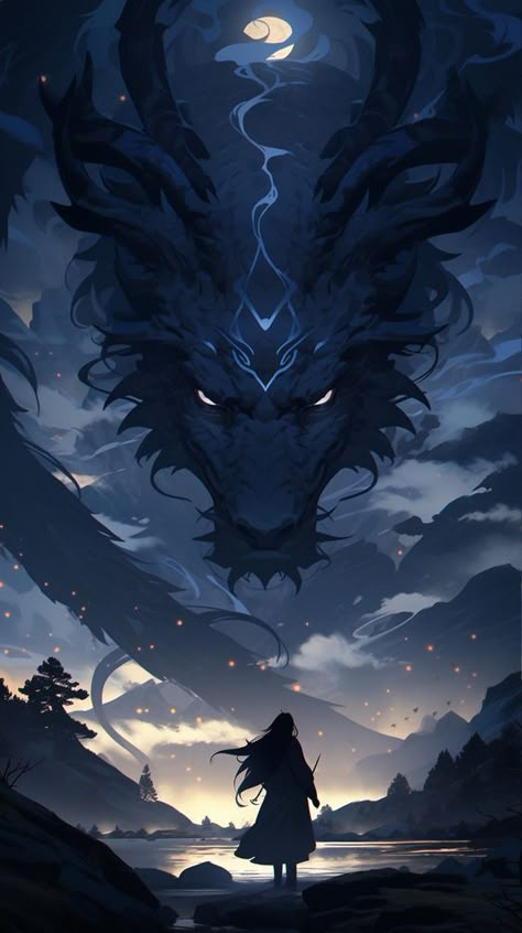 Dark Dragon Wallpaper, Fantasy Phone Wallpaper, Dragon Wallpaper Aesthetic, Dragon Background, Night Dragon, Dragon Anime, Japanese Art Samurai, Dreamy Artwork, Cool Anime Backgrounds