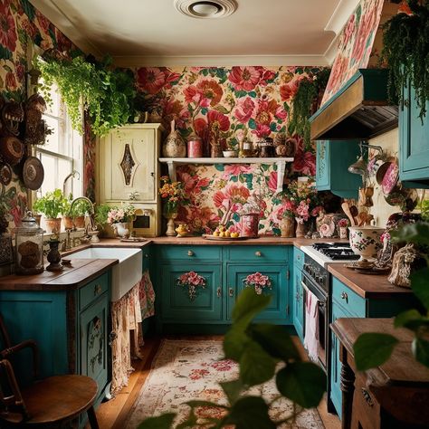 Wow, this kitchen is like stepping into a floral fairytale, right? It’s got such a cozy, lived-in feel that makes me think of mornings with a cup of tea and some fresh pastries. The bold floral wallpaper against those turquoise cabinets is such a statement — like, if you’re going to do color, why not go all out? And can we talk about that farmhouse sink? It adds just the right amount of vintage charm to balance out the vibrancy of the flowers. There’s something so comforting about having fr... Maximalist Cottage Kitchen, Bold Floral Wallpaper, Turquoise Cabinets, Fresh Pastries, Cottagecore Kitchen, Farmhouse Sink, Cottage Kitchen, A Cup Of Tea, Kitchen Inspo