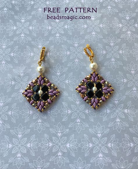 Free pattern for beaded earrings Sara | Beads Magic Bead Earring Tutorial, Beads Magic, Super Duo Beads, Beads Patterns, Tila Beads, Bead Tutorials, Earrings Pattern, Bead Earring, Bead Crochet Patterns