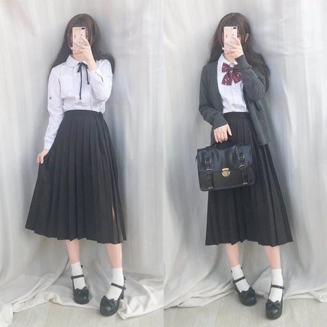 Uniform With Long Skirt, Long Uniform Skirt, School Long Skirt Outfits, Japanese School Outfits Long Skirt, School Uniforms Long Skirt, Long Skirt Uniform Schools, Long Skirt Cardigan Outfit, Pleated Skirt Reference, Long Skirt And Cardigan Outfit