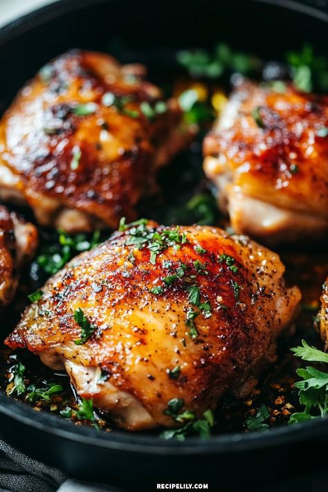 I can't get enough of these crispy herb-roasted chicken thighs! Juicy on the inside and perfectly golden on the outside, they are packed with flavor. Simple ingredients come together to create a mouthwatering dish that’s perfect for any dinner. Trust me, this recipe will become a favorite in your home! Juicy Chicken Thigh Recipes, Chicken Thighs Healthy Recipe, Roast Chicken Thighs Oven, Dinner Recipes With Chicken Thighs, Chicken Thigh Bone In Recipes, Simple Chicken Thigh Recipes, Herb Roasted Chicken Thighs, Healthy Chicken Thighs, Roast Chicken Thigh Recipes