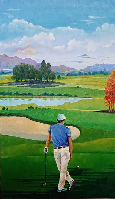 Golf Watercolor Painting Easy, Golf Course Watercolor, Golf Painting Canvas, Golf Course Art, Golf Painting Ideas, Golf Animation, Golf Painting Easy, Golfer Drawing, Paintings For Men