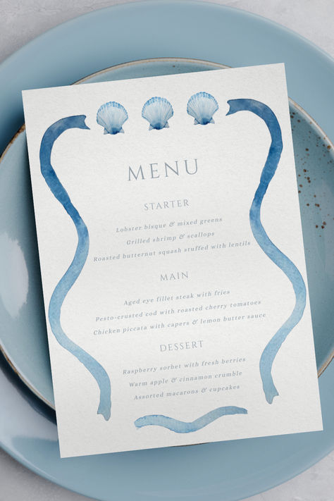 Blue Shell Menu Template, Hand Painted Watercolour Wedding /Bridal Shower /Dinner Party Menu, Digital Template Printable, elegant ocean sea Watercolor Menu Design, Bridal Shower Dinner Party, Menu Dinner Party, Chicken Piccata With Capers, Bridal Shower Dinner, Watercolor Menu, Bridal Shower Menu, Watercolour Wedding, Fillet Steak