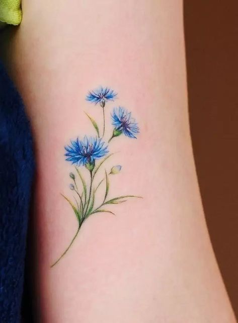 Blue Cornflower Tattoo Als, German Cornflower Tattoo, Blue Cornflower Tattoo, Cornflower Tattoo, Infinity Knot Tattoo, Friendship Tattoo Ideas, Blue Flower Tattoo, Blue Flower Tattoos, Pinky Promise Tattoo