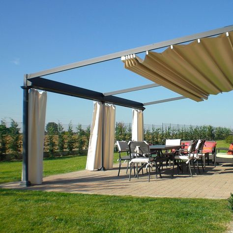 Wall-mounted pergola Elettra Unosider: the elegance of forged iron, the comfort of electric opening Electric Pergola, Iron Pergola, Pergola Metal, Wisteria Pergola, Pergola Ideas For Patio, Wall Mounted Pergola, Curved Pergola, Pergola Retractable, Pergola Diy