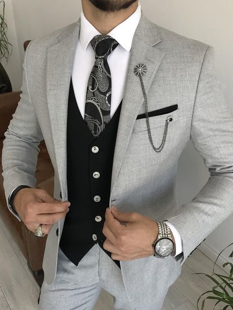 VICLAN Elegant Business Casual, Nice Suits, Grey Slim Fit Suit, Prom Styles, Male Suit, Terno Slim, Distinguished Gentleman, Stylish Mens Suits, Prom Suit