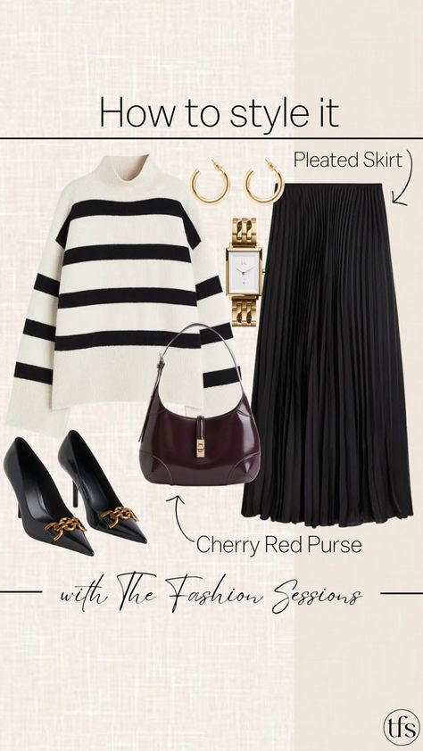 Striped Dress Winter Outfit, Striped Sweater Fall Outfit, Striped Sweater Skirt Outfit, Black And White Striped Sweater Outfit, Black And White Striped Skirt Outfit, Pleated Skirt Outfit Fall, Striped Dress Winter, Black Skirt Winter, White Pleated Skirt Outfit