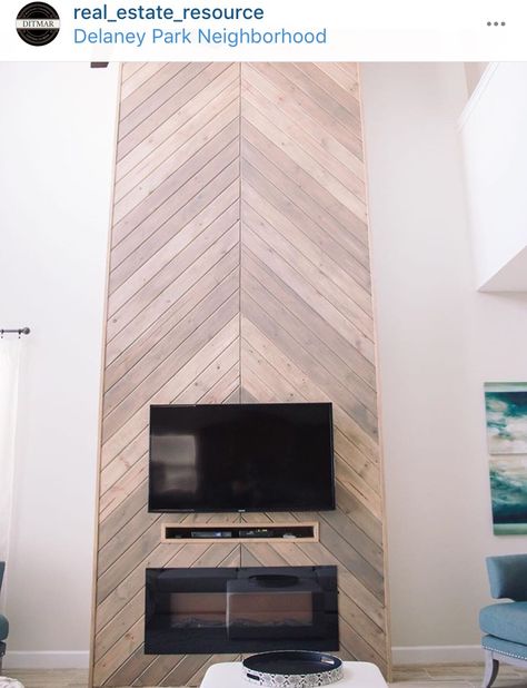 Love the chevron shiplap fireplace. Flooring On Fireplace Wall, Fireplace Chevron, Herringbone Chimney Wall, Shiplap Chevron Wall, Tall Wood Fireplace Wall, Chevron Fireplace, Herringbone Wood Fireplace Surround, Chevron Tv Wall, Chevron Wood Fireplace Wall