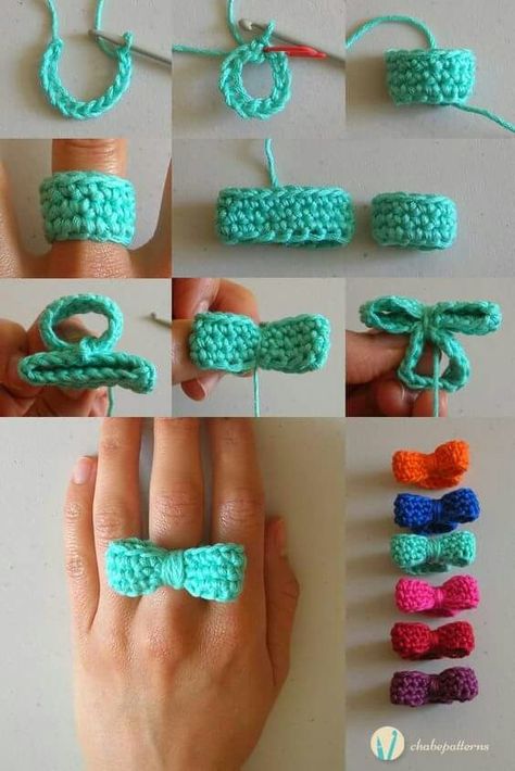 Crochet Jewlery, Crochet Bow, Bracelet Crochet, Crochet Rings, Confection Au Crochet, Crocheted Items, Crochet Bows, Bow Ring, Crochet Bracelet