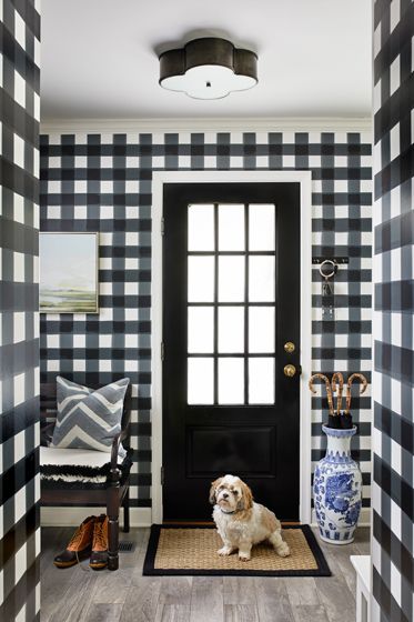 Square Paneling, Marble Kitchen Counter, Interior Design Pattern, Buffalo Check Wallpaper, White Marble Kitchen Island, Door Ajar, Grey Painted Kitchen, Small Tv Room, Black Tile Bathrooms