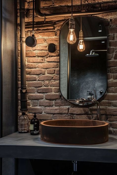 "Elevate your bathroom with the edgy charm of Industrial Design! 🚿🏭 Perfect for those who love urban, minimalistic aesthetics. 🌟✨ #ModernBathroom #IndustrialStyle #HomeDecor" Industrial Apartment Bathroom, Street Style Bathroom, Industrial Toilet Design, Industrial Interior Design Bathroom, Industrial Wc, Modern Industrial Bathroom Design, Bad Industrial, Restaurant Bathroom Design, Minimalist Industrial Interior Design