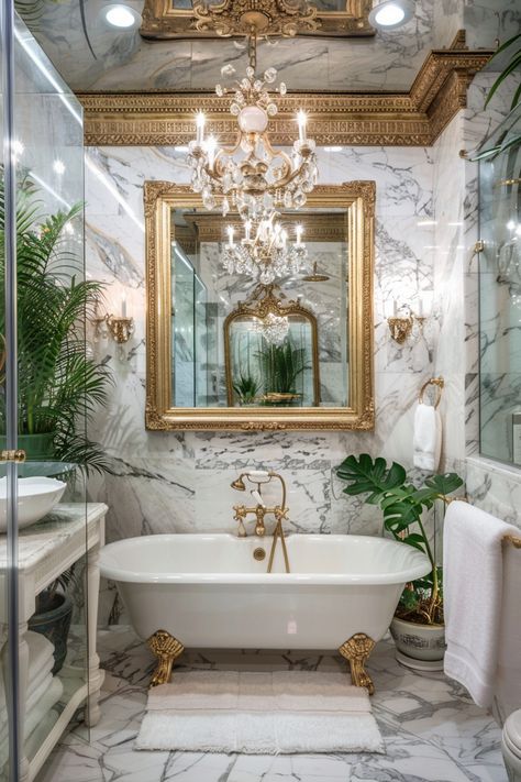 Step Inside Opulence: Tour a Luxurious Marble and Gold Bathroom Royalty Bathroom, Bathroom Interior Marble, French Chateau Bathroom, Marble And Gold Bathroom, Vintage Gold Bathroom, Parisian Bathroom French Style, Modern Baroque Interior, Vintage French Bathroom, Regal Bathroom