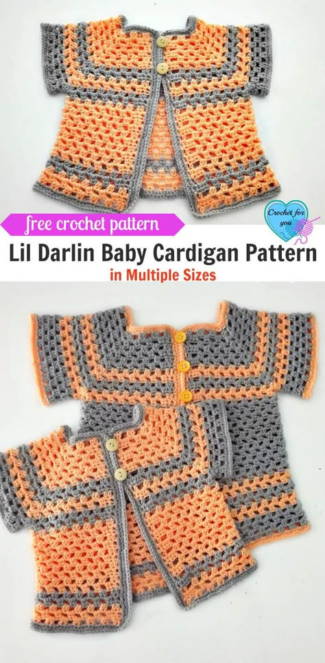 Crochet Lil Darlin Baby Cardigan pattern in Multiple Sizes, for 12 months, 18 months and 24 months old babies. This pattern is perfect for beginners. You just want to change the color to get a girly look or boyish look. I designed Crochet Lil Darlin Baby Cardigan with short sleeves but can be added long sleeves if you like. Jaket Crochet, Crochet Baby Sweaters, Baby Cardigan Pattern, Gilet Crochet, Crochet For Babies, Crochet Baby Cardigan, Crochet For Baby, All Free Crochet, Crochet Girls