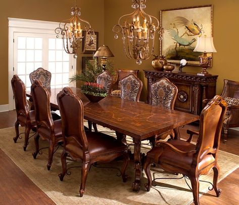 Ashley Furniture Dining Room, Tuscan Dining Table, Old World Dining Room, Tuscan Dining Room, Ashley Furniture Dining, Tuscan Dining Rooms, Tuscan Furniture, Round Dining Room Sets, Set Meja Makan