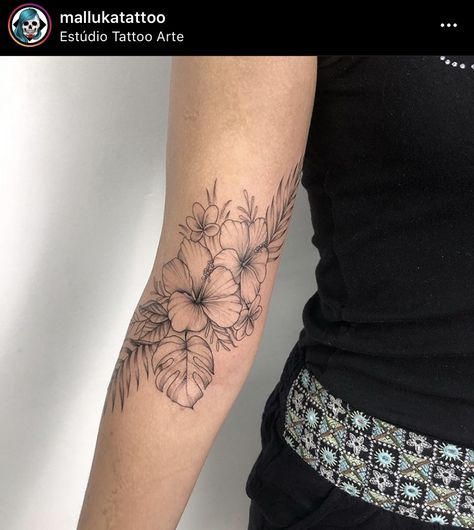 Upper Inner Arm Tattoo, Hawaiin Tattoo, Inner Tattoo, Pinapple Tattoos, Tattoo Men Ideas, Arm Tattoo Men, Arm Wrap Tattoo, Hawaiian Flower Tattoos, Plumeria Tattoo