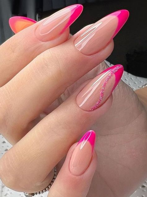 Hot Pink Tip Nails Almond, French Fucsia, Hot Pink French Nails, Hot Pink Almond Nails, Nails Fucsia, Nails July, Pink Tip Nails, Pink French Nails, Hot Pink Nails