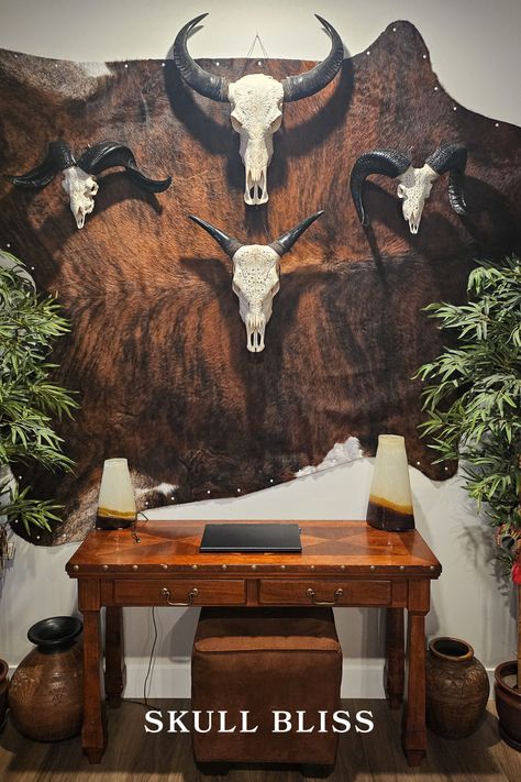 Add an edgy yet elegant touch to any wall with authentic hand-carved animal skulls. Cow Skulls, Skull Designs, Longhorn Skull, Buffalo Skull, Ram Skull, Animal Skull, Mirror Mosaic, Skull Decor, Bull Skulls