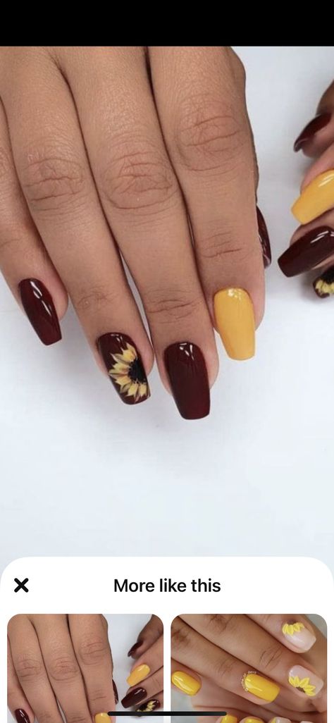 Burgundy Yellow Nails, Yellow And Maroon Nails, Maroon Nails With Sunflowers, Maroon And Sunflower Nails, Yellow And Burgundy Nails, Burgundy Nails With Sunflower, Maroon Sunflower Nails, Burgundy And Mustard Nails, Burgundy And Sunflower Nails