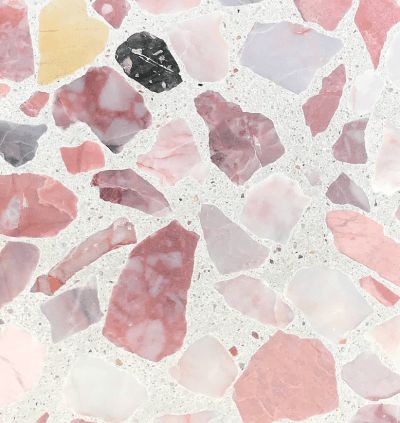 Pink terrazzo tile: Venetian Chunky Terrazzo, Concrete Love ($10+) Pink Terrazzo Tile, Terrazzo Pink, Terrazzo Texture, Pink Terrazzo, Statement Tiles, Pink Bathroom Decor, Penny Round Tiles, Terrazzo Tile, Terrazzo Flooring