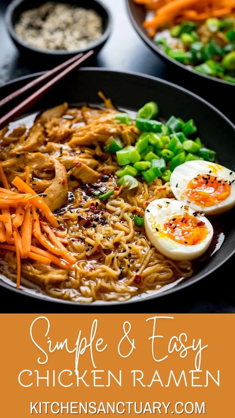 Simple & Easy Chicken Ramen is the perfect cozy meal for any night. Loaded with shredded chicken, savory broth, and perfectly cooked noodles, it's full of flavor and texture. Topped with fresh spring onions, egg, and a hint of chili oil, this ramen is an irresistible bowl of comfort. Enjoy the rich taste with every bite! Healthy Homemade Ramen Recipe, Chicken For Ramen, Crockpot Chicken Ramen, Chicken Ramen Bowl Recipe, Ramen Noodles And Chicken, Authentic Ramen Recipes, Quick Chicken Ramen, Garlic Chicken Ramen, Easy Ramen Recipes