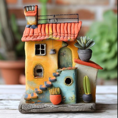 Made with vibrant and colorful clay, these miniature houses are sure to brighten up any room. Clay House Ideas, Polymer Clay House, Polymer Clay Kunst, Fairy House Crafts, Clay House, Clay Fairy House, Pottery Houses, Air Dry Clay Projects, Diy Doll Miniatures