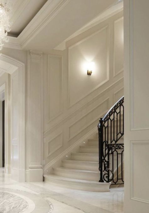 staircase design modern stair walls Stair Wall Moulding Ideas, Neoclassical Stairs, Stair Wall Molding, Staircase Wall Moulding Design, Staircase Design Modern Stair Walls, Classic Stairs Design, Stair Wall Design, Luxury Stairs, Stair Paneling