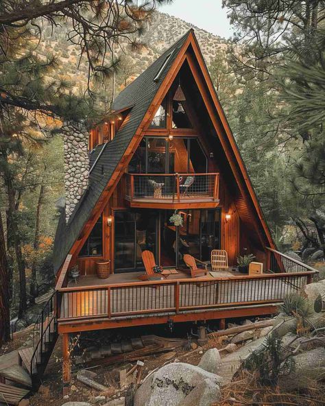 Rustic A Frame Cabin, Balcony Wood, Barndo Ideas, A-frame Interior, Frame Cabins, Rugged Landscape, A Frame Cabin Plans, A Frames, House Kits