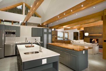 Beam Lighting Design Idea : small track lights Wood Beams In Kitchen, Beam In Kitchen, Faux Ceiling Beams, Vaulted Ceiling Lighting, Contemporary Kitchen Island, Track Lighting Kitchen, Best Kitchen Lighting, Track Lights, Faux Wood Beams