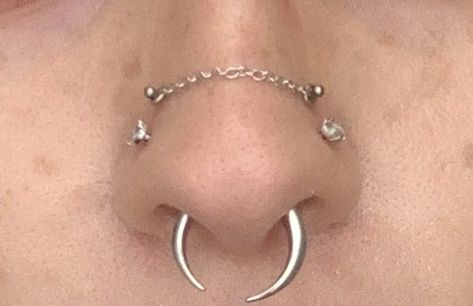 Nose Piercing Middle Of Nose, Nostril Piercing Both Sides Chain, Y2k Piercings Nose, Nose Piercing Both Sides Chain, Nose Piercing Multiple, Nose Piercing Set Up, Matching Nose Piercing, Nose Pericings Both Sides, Septum Nostril Combination