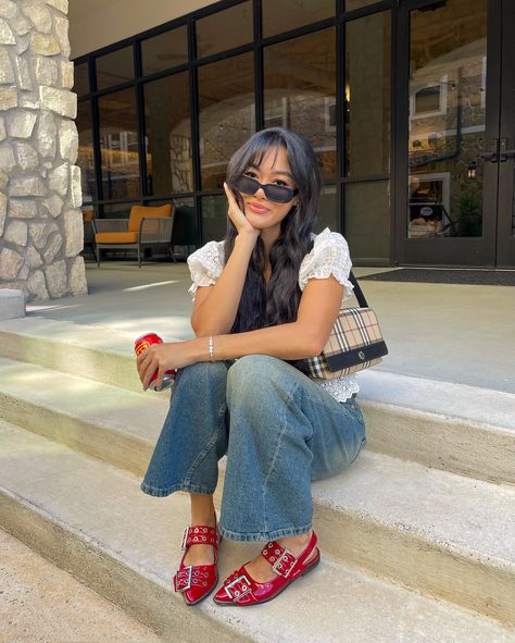 if I left you on red, here’s why 💬🍒 fall fashion is my absolute favorite so be prepared for some fun fits — linking everything on @shopmy (linked in bio) top @loveshackfancy jeans @motelrocks shoes @misslola @misslolaofficial bag @burberry sunnies @rayban . . . . . . . . . transitional outfits, wearing vs styling, styling outfits, fall outfits, fall fashion #wearingvsstyling #fallfashion #fallstyle #outfitideas #dallasblogger #dallasinfluencer Red Flat Outfits, Red Ganni Flats Outfit, Red Flats Outfit Ideas, Wearing Vs Styling, Burberry Bag Outfit, Fall Flats Outfit, Red Flats Outfit, Flats Outfit Work, Loafers Outfit Women