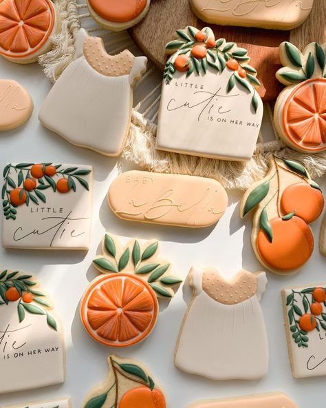 Orange Theme Cookies, Citrus Decorated Cookies, A Cutie Is On The Way Cookies, Citrus Theme Cookies, Clementine Cookies Decorated, Citrus Sugar Cookies, Summer Baby Shower Cookies, Orange Cookies Decorated, Orange Baby Shower Cookies