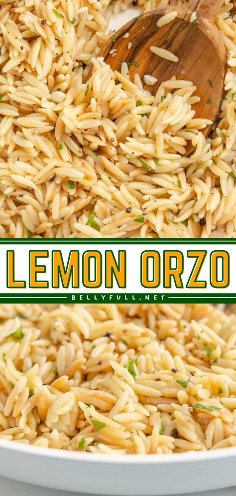 Ready in just 20 minutes, this delicious and light Lemon Orzo recipe is a quick and easy side dish that completes any weeknight dinner. Pairs well with chicken, steak, salmon, or any other protein of choice. Lemon Dishes Meals, Orzo Recipes Asian, Sides Dishes With Salmon, Sides To Pair With Salmon, Sea Food Side Dishes, Steak And Salmon Dinner Sides, Sides That Go With Salmon Dinners, Light Dinner Sides, Orzo Recipes With Salmon