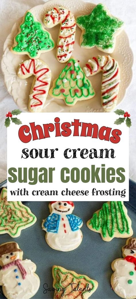 Sugar Cookies With Cream Cheese, Sugar Cookie Frosting Recipe, Cookie Frosting Recipe, Cookies With Cream Cheese Frosting, Sour Cream Frosting, Sour Cream Cookies, Make Sour Cream, Christmas Sugar Cookie Recipe, Christmas Cutout Cookies